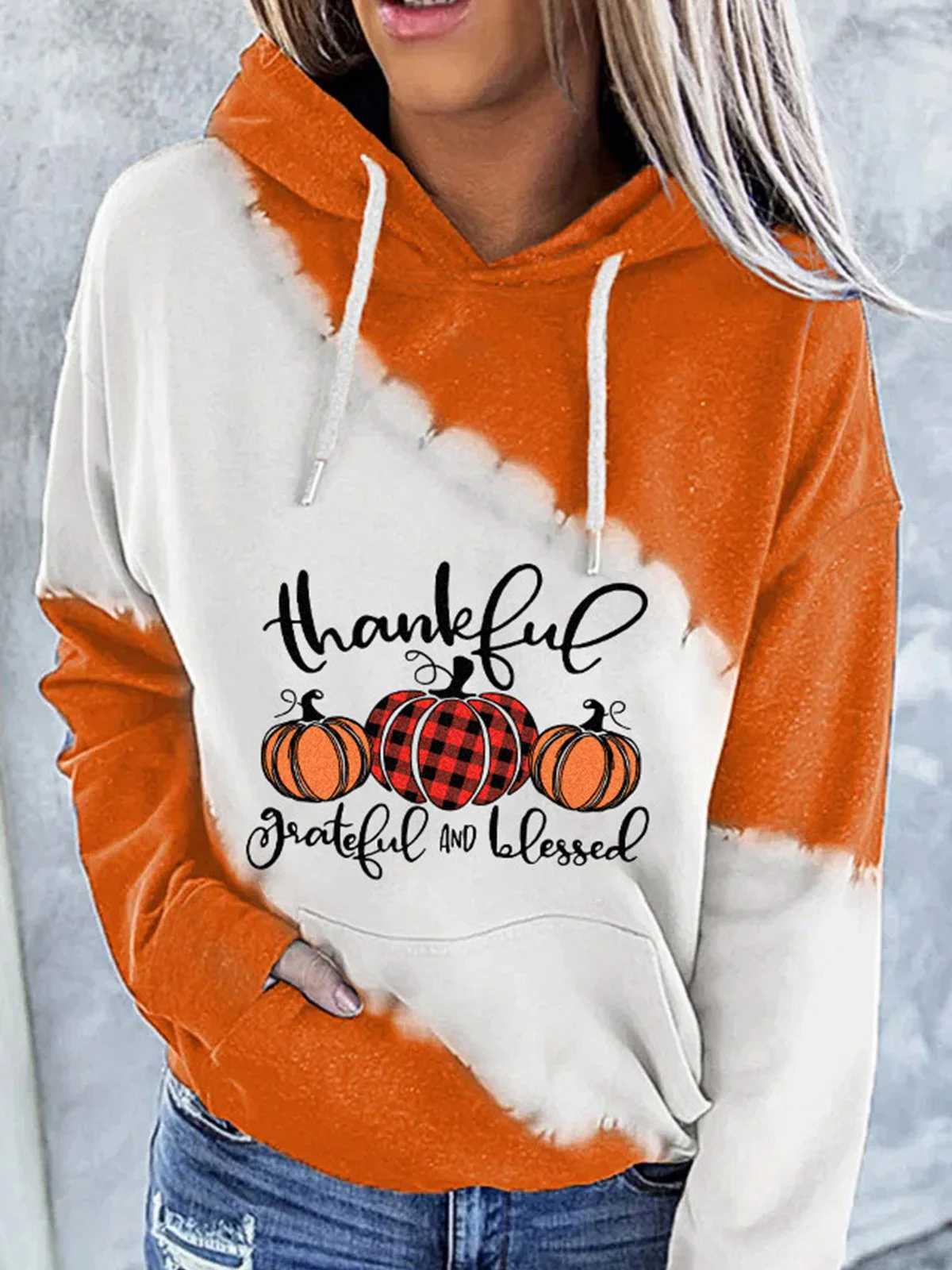 Women's Hoodies Sweatshirts Autumn Winter Thankful Grateful And Blessed Pumpkin Plaid Color Block Hoodie Women Fashion Warm Sweatshirt Casual StreetwearL231122