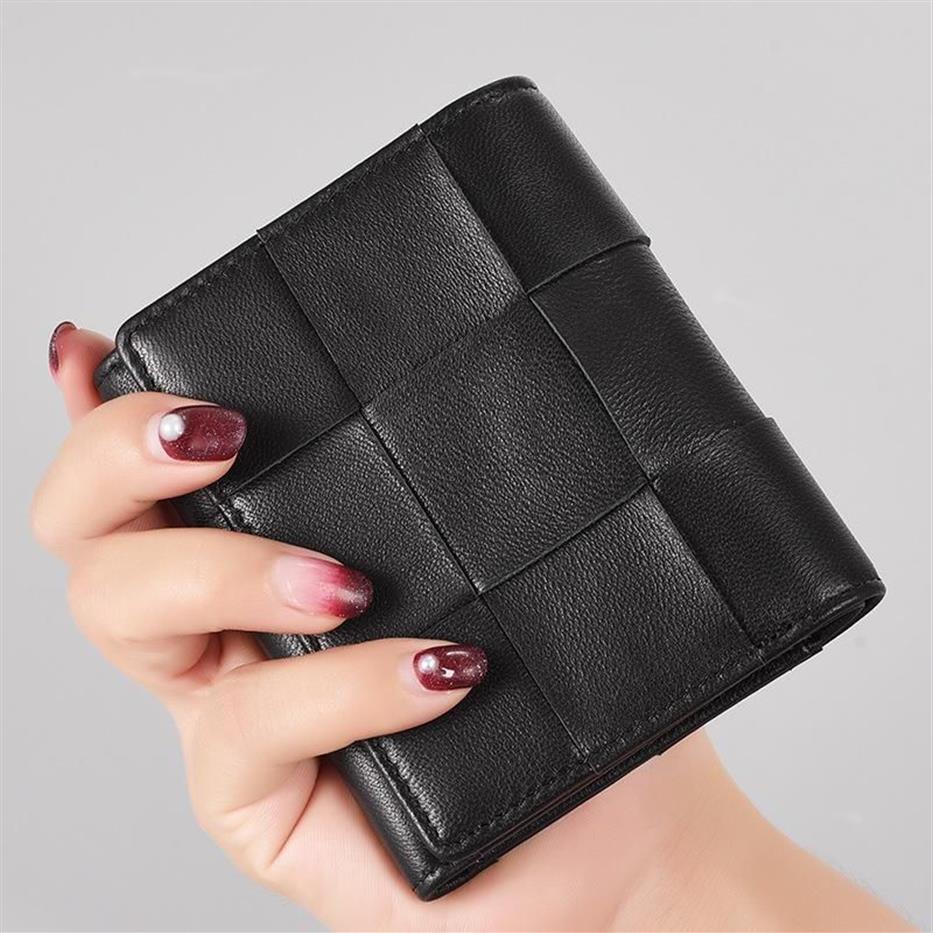 Carteiras 100% de couro de couro de pele curta clipe de moda de moda tecida wallet designer de negócios simples245g