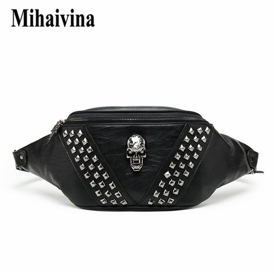 Mihaivina Punk Rivet Skull Men Waist Bag Women Black Fanny Pack Leather Chest s Female Shoulder Messenger Bum s 220216251R