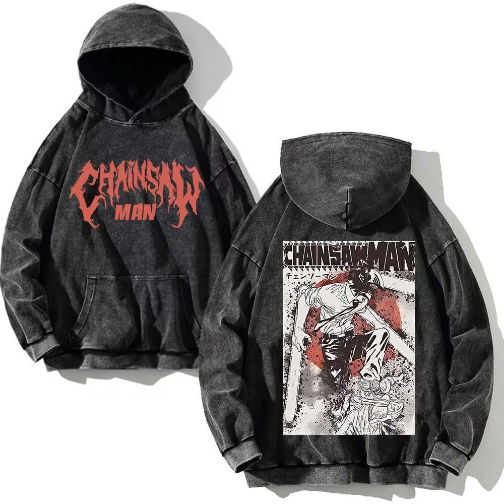 Sweats à capuche pour hommes Sweatshirts Anime Chainsaw Man Sweats à capuche pour hommes Hip Hop Streetwear Wash Pull à capuche 100% coton Sweat-shirt à manches longues Casual TopsL231017