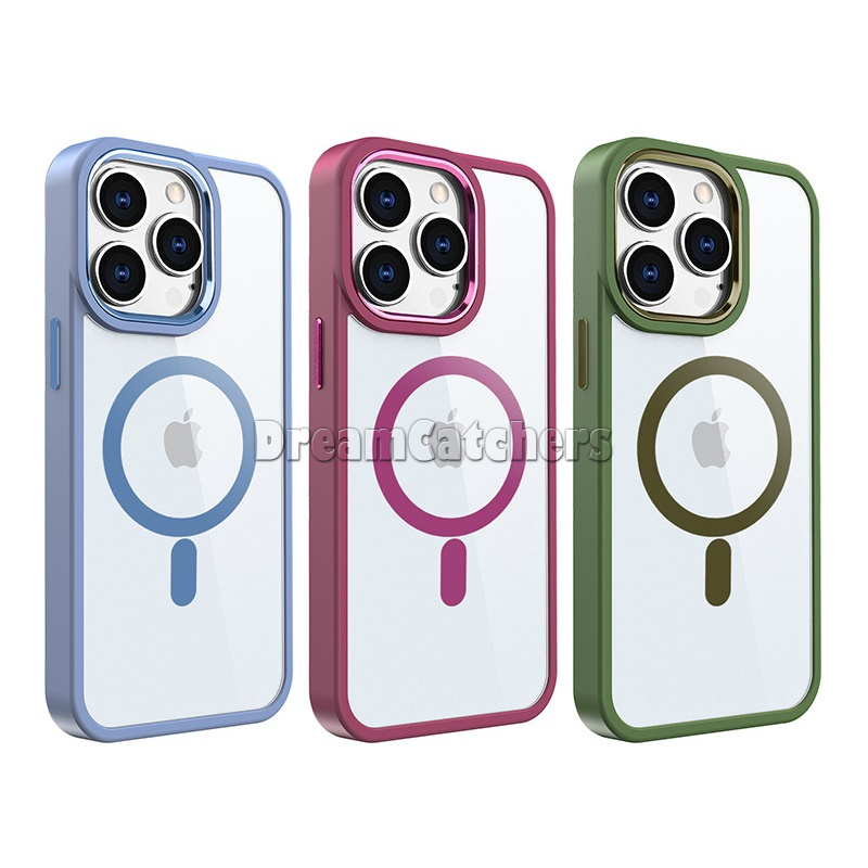 Custodia telefono opaca magnetica trasparente di lusso iPhone 15 14 13 12 11 Pro Max Plus custodia rigida fotocamera in metallo con ricarica magsafe