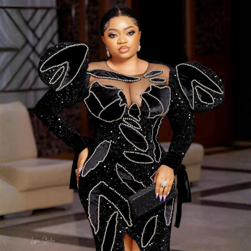 2023 Plus Taille Aso Ebi Robes De Bal Noir Illusion Sirène Manches Longues Robe De Soirée Paillettes Perles Deuxième Réception Robes Fête D'anniversaire Haute Split Robe ST607