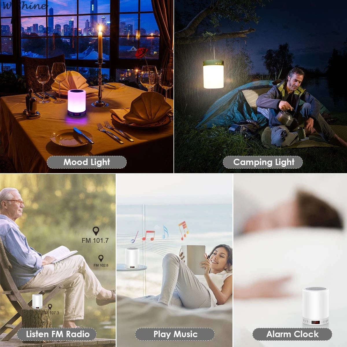 5 In 1 Portable Bedside Lamp Table Lamp Bluetooth Speaker Music TF Card FM Radio Alarm Clock Digital Light LED Multicolor Outdoor Speaker Light Birthday Gifts