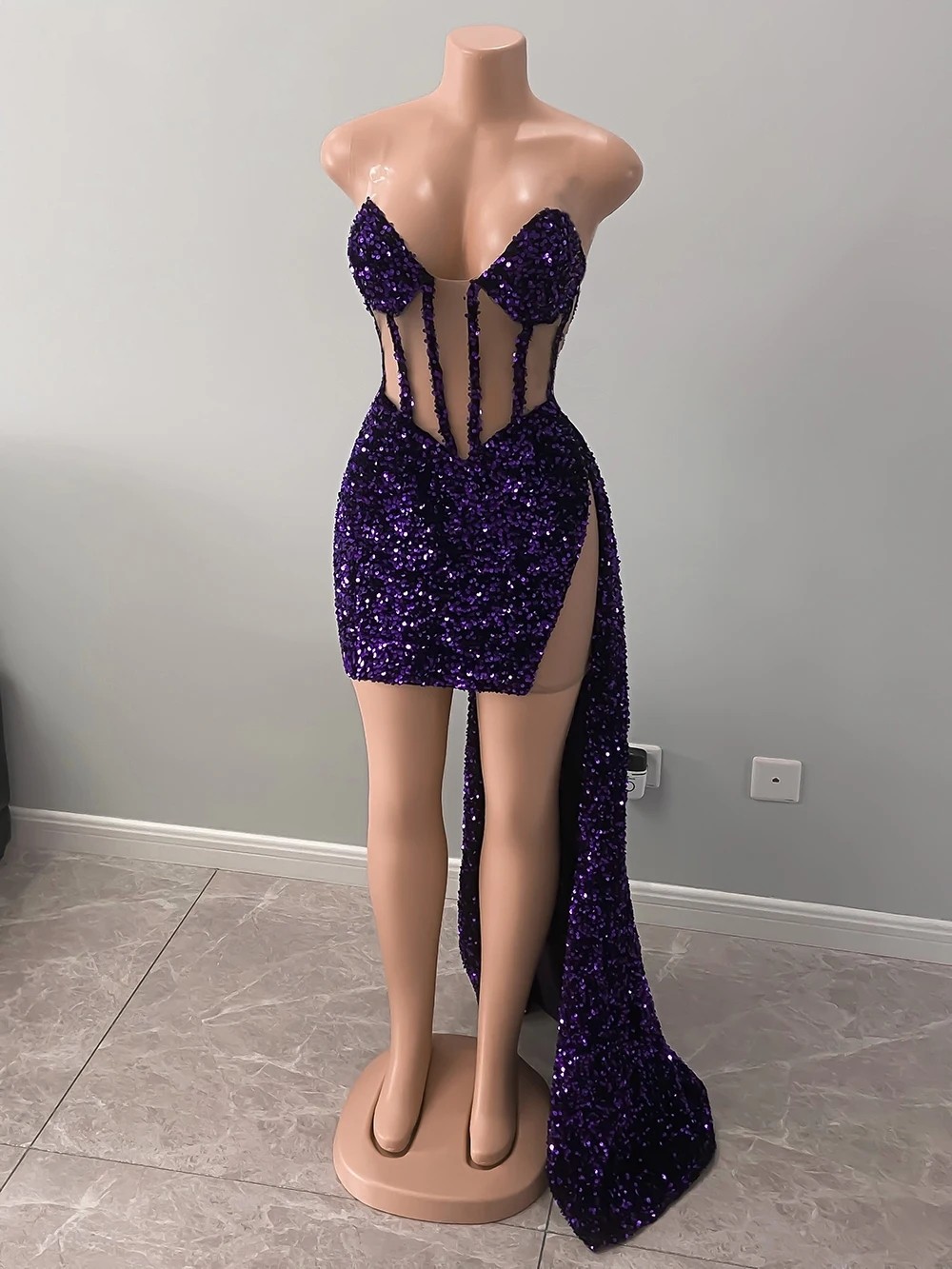 Dark Purple Sequined Shiny Evening Party Dresses Sexy Sweetheart Corset Sheath Short Mini Formal Occasion Party Gowns Side Long Train Cocktail Club Dress CL3039