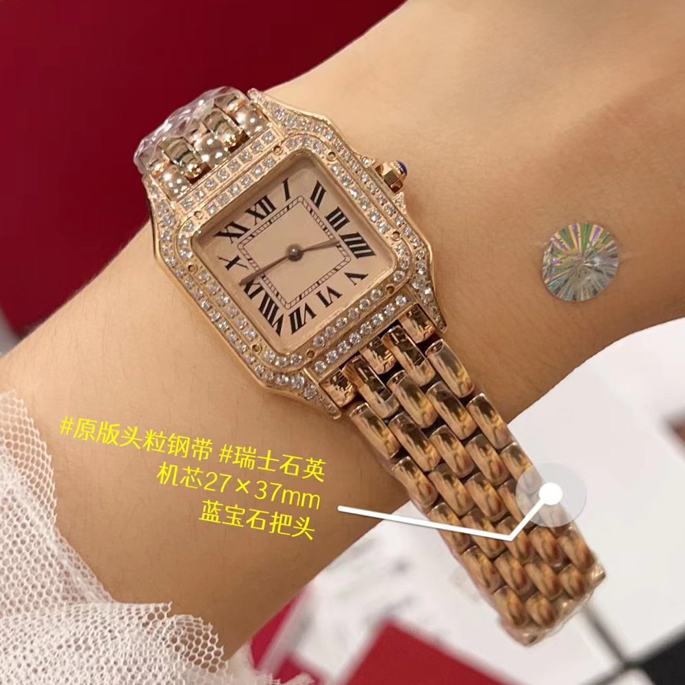 Fullt varumärkesklockor Woman Girl 27mm Square Diamond Swiss Movement Rostfritt stål Metal Band Luxury AAA Tank Quartz Clock Ct 102