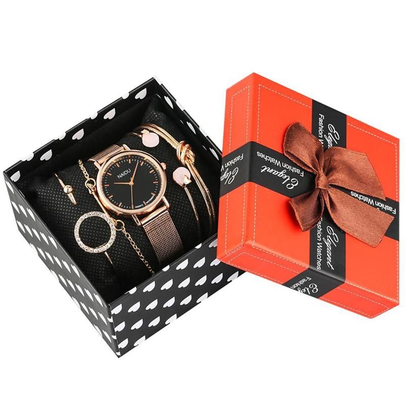 Kvinnors armbandsklockor Set Rose Gold Quartz Analog Watches For Ladies rostfritt stål Remsursur för kvinnlig 201204249n