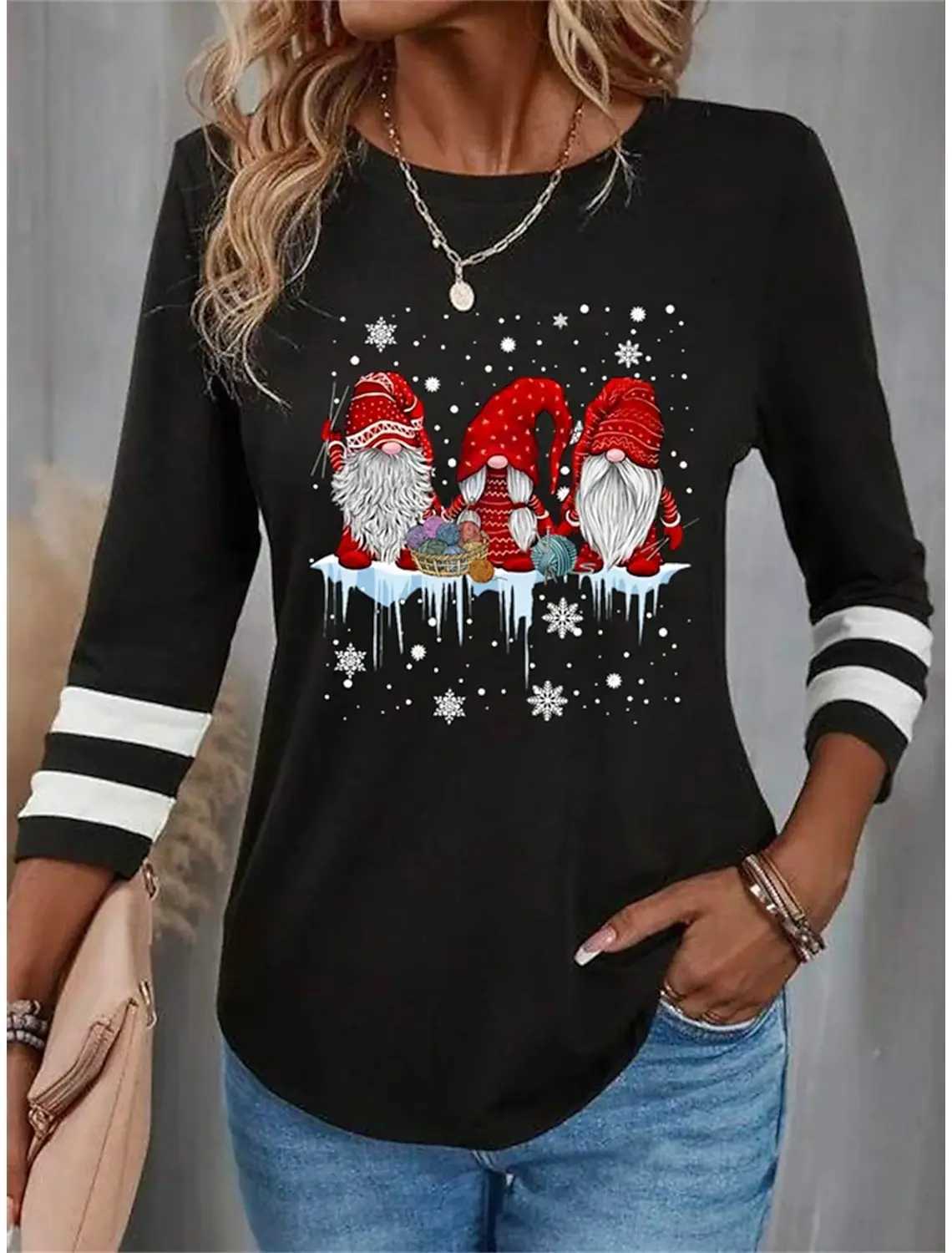 女性のパーカースウェットシャツ女性のTシャツ醜いサンタクリスマススウェットシャツヒョウ格子縞のワイングラスプリント長袖クリスマスレギュラーフィット塗装l231122