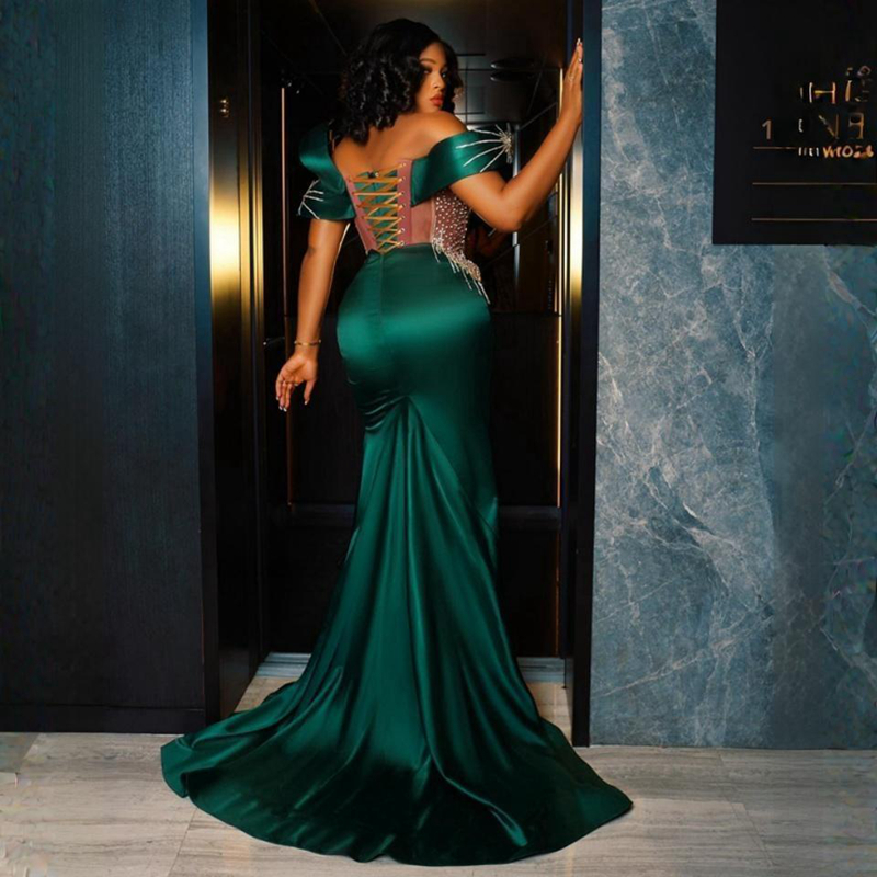 Shine Emerald Green Promdress Aso Ebi Illusion Luxurious Evening Prom Dress High Split Beaded Birthday Party Gowns Second Reception Gown for Black Women ST615