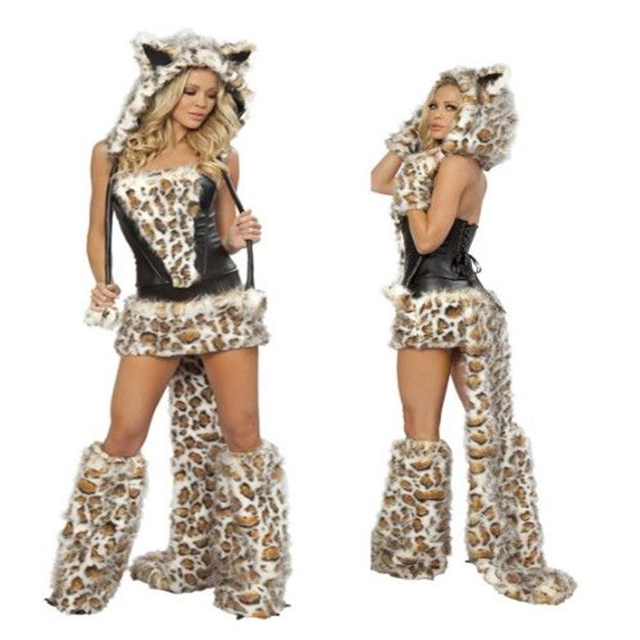 Sexy peludo leopardo impressão peludo traje de halloween cos catwomen gato lobo leopardo boate roupas festa natal wear conjunto gift217z