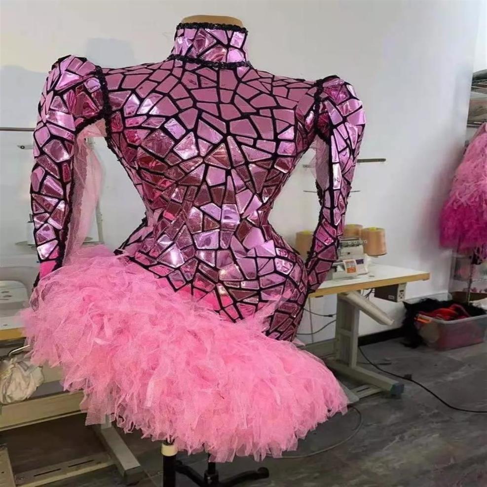 Decoração de festa traje de palco para cantoras mulheres rosa espelho vestido de manga longa sem costas rendas apertadas sexy vestidos de baile de aniversário clube 266n