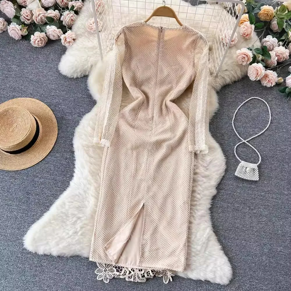 Casual Dresses 2024 Spring Summer Flower Embroidery Hollow Out Dress Women's Long Sleeve Crochet Lace Fairy Pencil Wedding Party Vestidos