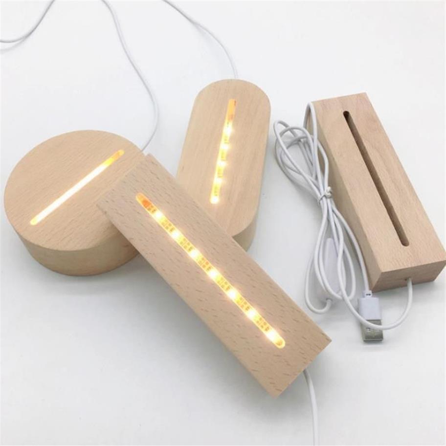 Decoração de festa LED cabo USB de madeira sólida luz noturna 3D suporte branco quente lâmpada de madeira redondo oval base de formato de retângulo sn205t