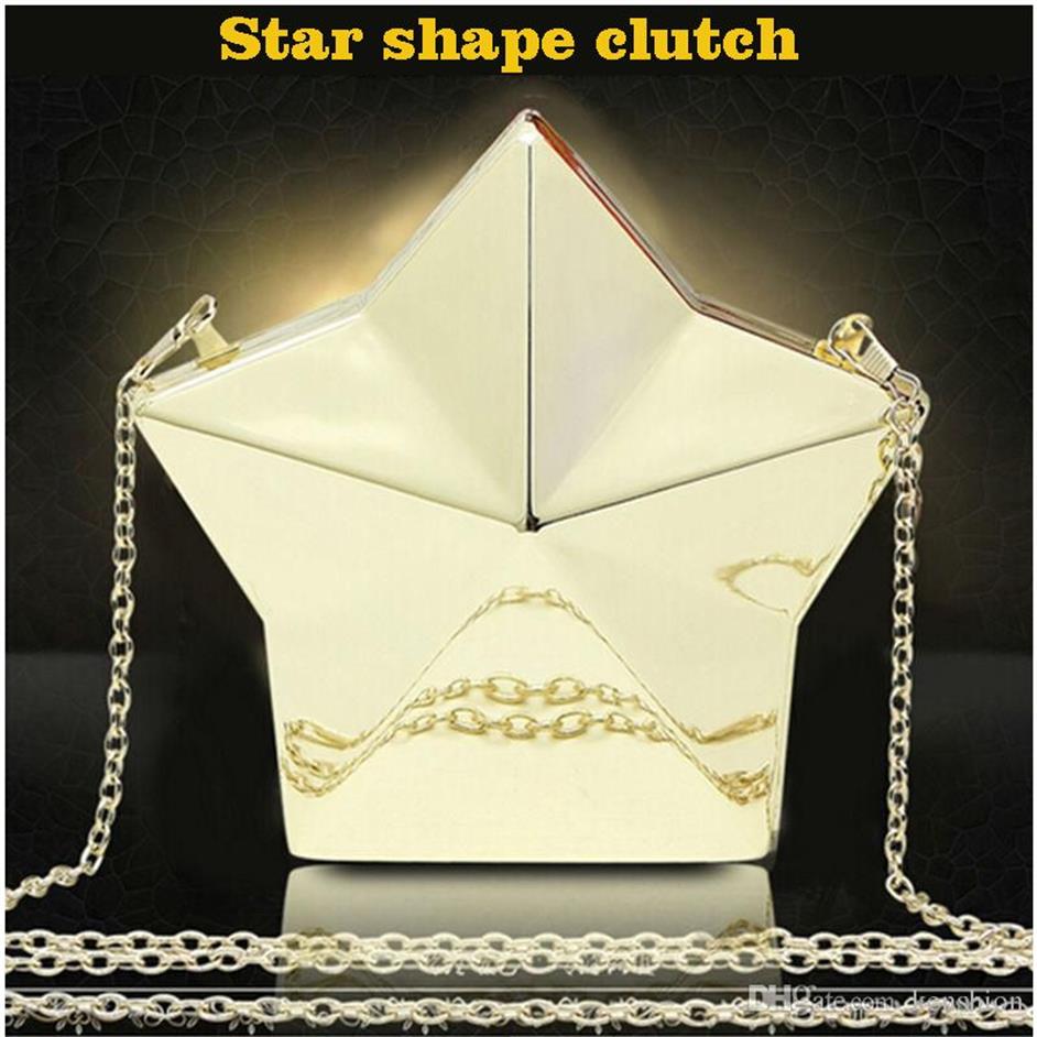 New Fashion Women Shinning Handbags Mini Cool Shoulder Bags Ladies Diamond Alloy Day Clutch Bags Five Star Shape Metal Purse - WJX2536