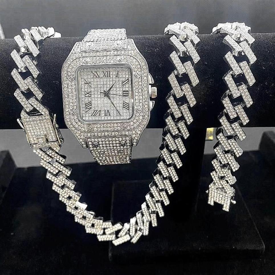 Montres-bracelets montres glacées pour hommes montre en or quartz 15mm chaînes à maillons cubains bracelet colliers diamant bijoux homme reloj300n