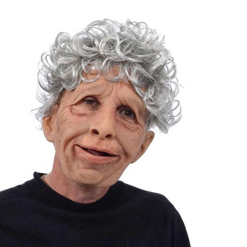 Funny Realistic Latex Old Man Woman Mask with Hair Halloween Cosplay Fancy DrHead Rubber Party Costumes Villain Joke Props X0803203T