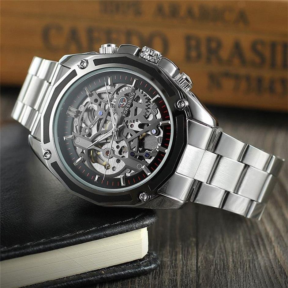 Forsining Men Watch Stainless Steel Military Sport Wristwatch Skeleton Automatic Mechanical Male Clock Relogio Masculino 0609 Y190273b