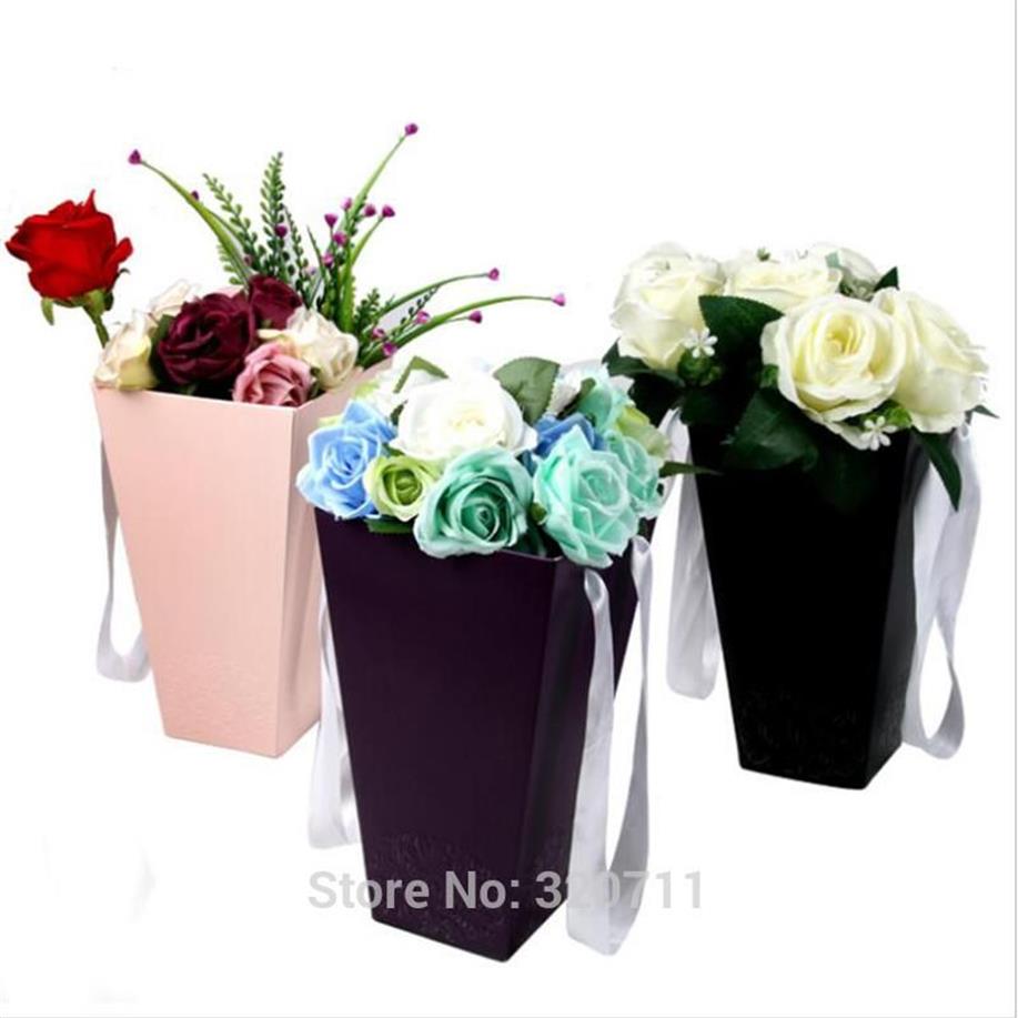 60st Pure Color Flower Paper Boxes With Handhold Hug Bucket Florist Gift Packaging Box Party Present Packing Cardboard 15 27 9 CM295J