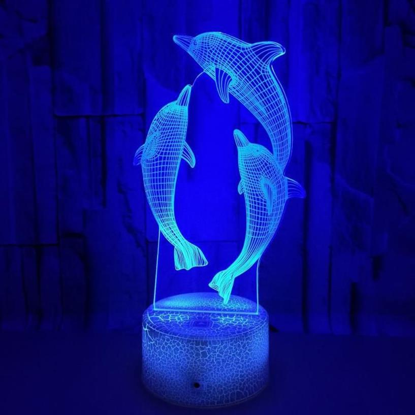 Lâmpadas de mesa 3D Dolphin LED Illusion Night Lamp Desk Luzes 16 cores mudando com cabeceira óptica remota para crianças Room288L