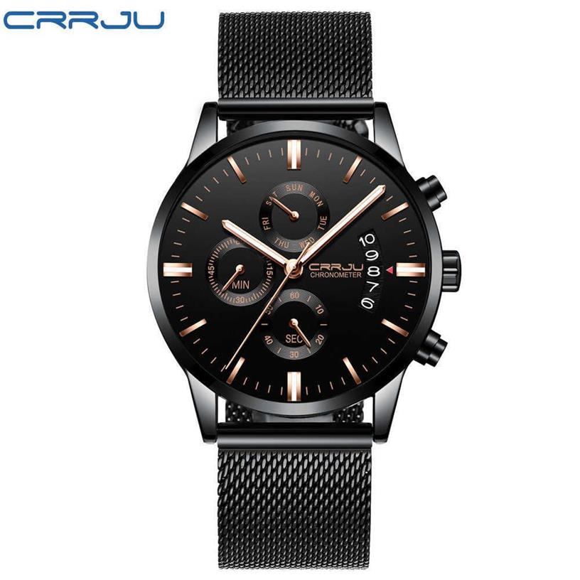 Crrju New Men's Calander Waterfoof Sport Pristwatch with Milan Strap Army Chronograph Quartz Heavy Watchesファッション男性Cloc2215