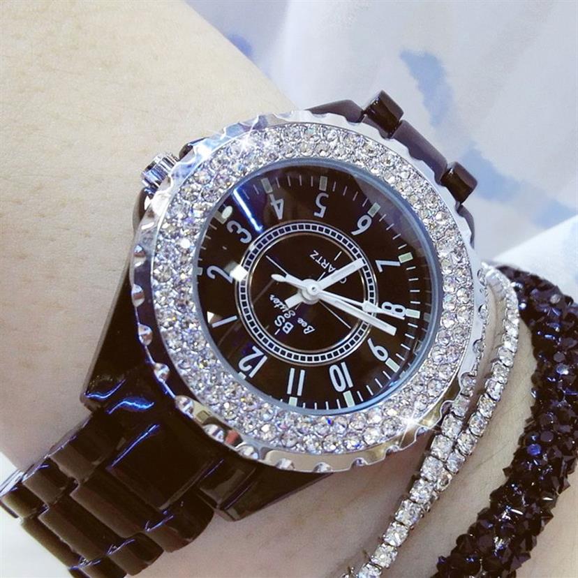 Diamond Watches Kadın Ünlü Marka Siyah Seramik Saat Kadınları Straping Kadınlar Bilek saati Rhinestone Kadın Bilekleri 201120230m