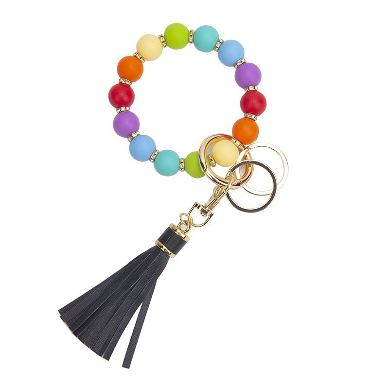 Bracelet de perles en Silicone, porte-clés en PU, pompon, pendentif, P172