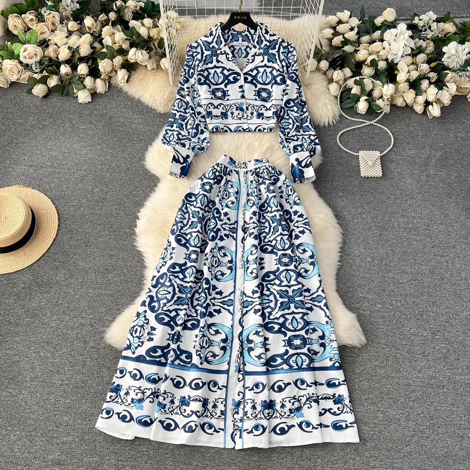 Two Piece Dress 2024 Fashion Green Blue And White Porcelain Two Piece Set Women's Notched Collar Shirt Short Top+Single-Breasted Long Skirt Suit