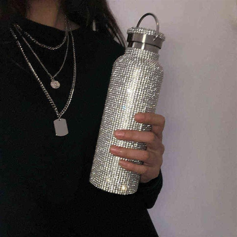 funkelnde High-End-Isolierflasche Bling Edelstahl-Thermoflasche Diamond Thermo Silver Wasserflasche mit Deckel 2201082660