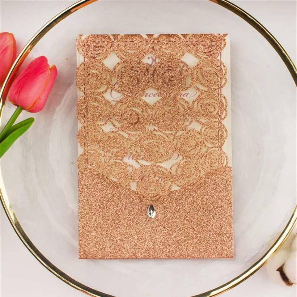 10X Rose Gold Srebrny Glitter Durlow Diamond Card Laser Cut Karty zaproszenia ślubne Powitanie Kieszonka Zaproszenie Birthday3110