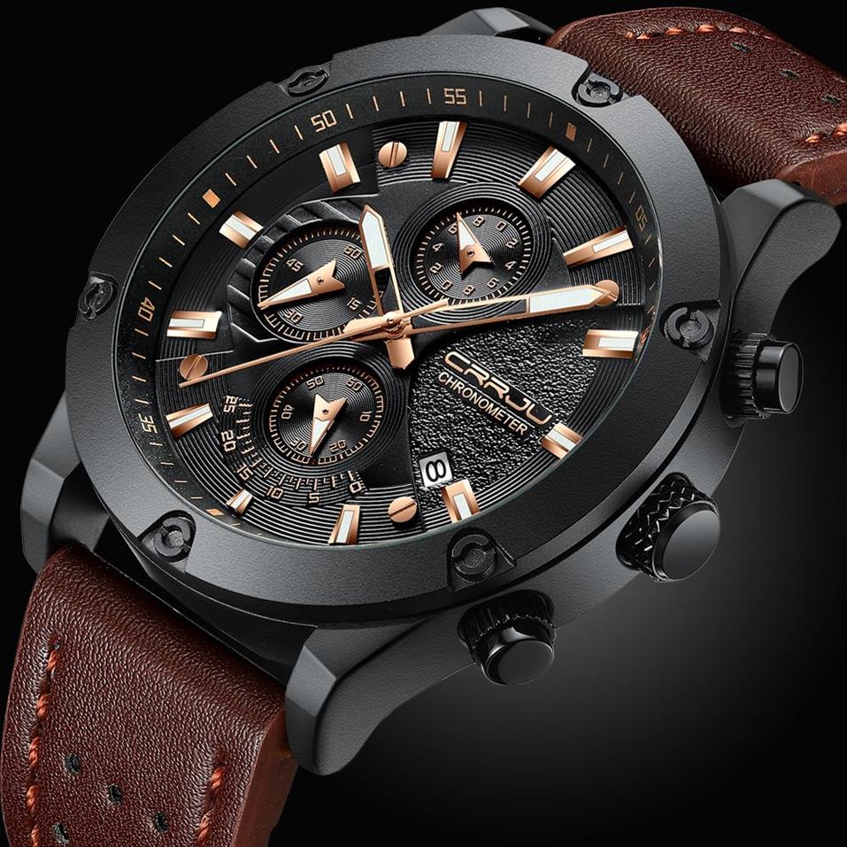 CRRJU Orologio da uomo di moda Nuovo design Cronografo Big Face Orologi da polso al quarzo Orologi da uomo in pelle sportiva all'aria aperta orologio uom210F