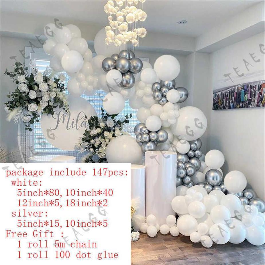 147 pezzi kit arco ghirlanda palloncino argento metallizzato cromato bianco compleanno decorazione festa nuziale palloncini sposa baby shower X072238O