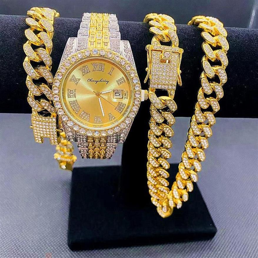 Montres-bracelets Montres entièrement glacées Hommes Cubain Lien Chaîne Bracelet Collier Couple Bling Bijoux Pour Hommes Grandes Chaînes En Or Hip Hop Wa2741