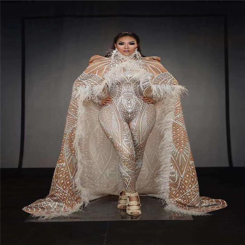 Party Decoration T55 Ballroom Dance Stage Costume Feather Cloak Female Singer Perform Outfit 3D Printing Stretch Leotard Jumpsuit 224f