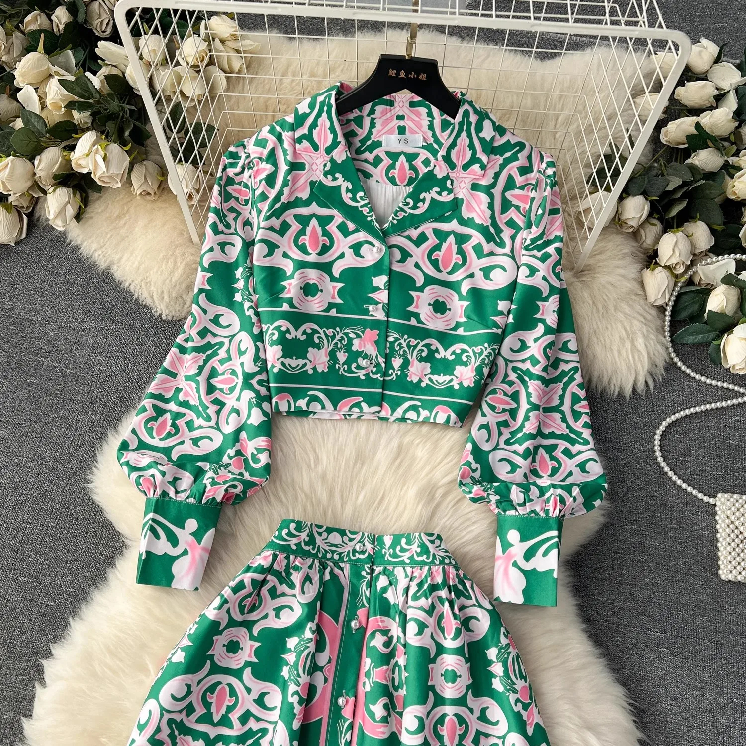 Two Piece Dress 2024 Fashion Green Blue And White Porcelain Two Piece Set Women's Notched Collar Shirt Short Top+Single-Breasted Long Skirt Suit