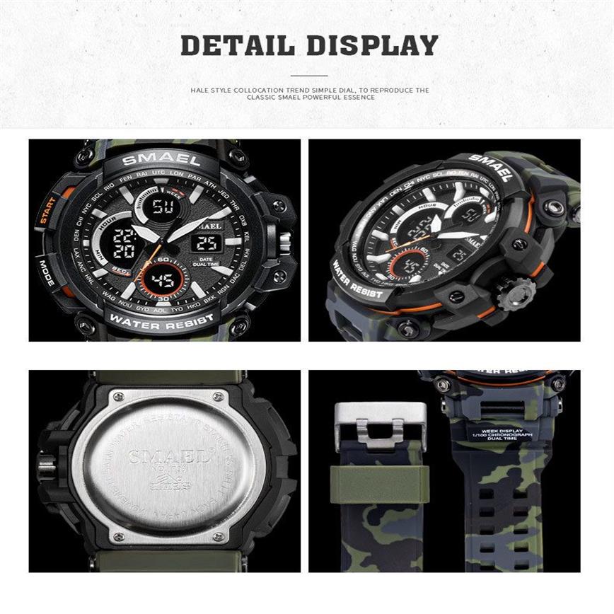 Smael Camouflage Military Watch Men Waterproof Dual Time Display Herr Sport Wristwatch Digital Analog Quartz Watches Male 1708 210201w