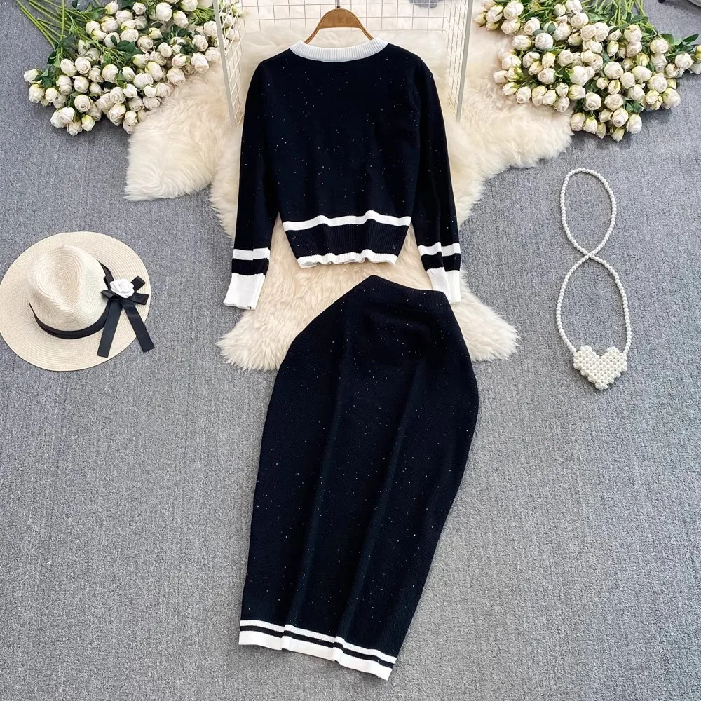 Tvådelad klänning Autumn Winter Rands Sticked Two Piece Set Women Christmas Pearls Single Breasted Sweater Coat and Straight Midi kjoldräkter 2024