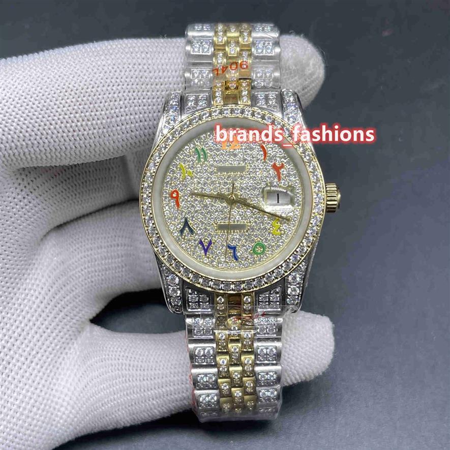 Senaste mäns Iced Diamond Wristwatch Gold Face Color Arabic Scale Bi-Gold Diamonds Strap Watch Full Automatic Mechanical Watc272d