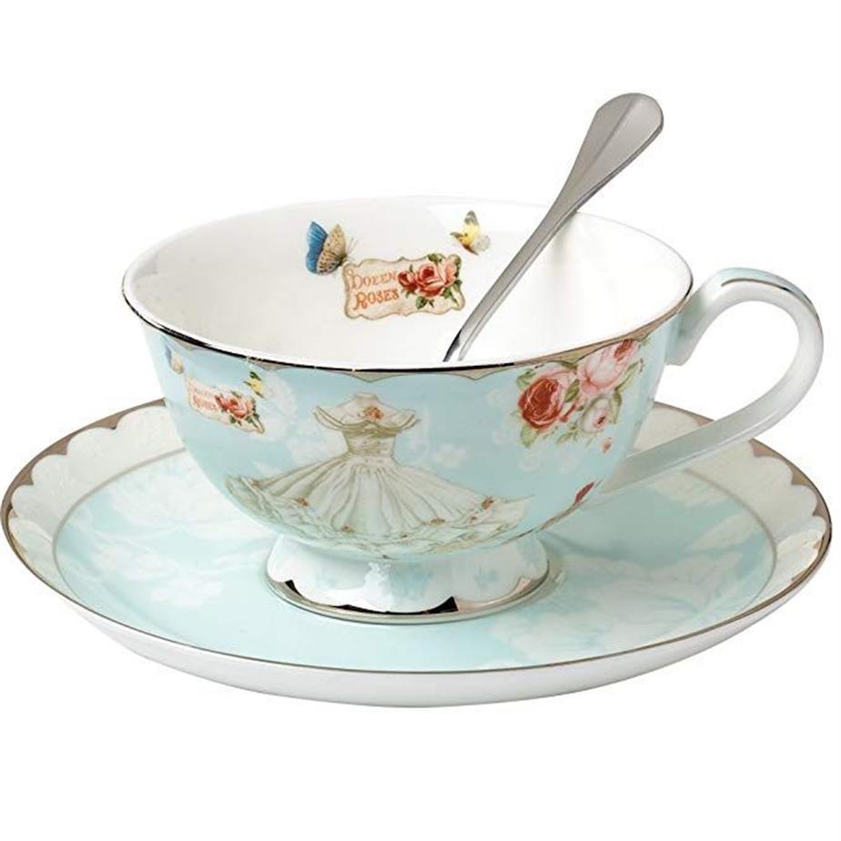 Set di tazze da tè con piattino e cucchiaio Tazze da tè vintage Royal Bone China Set di fiori di rosa blu in scatola 7-Oz245P