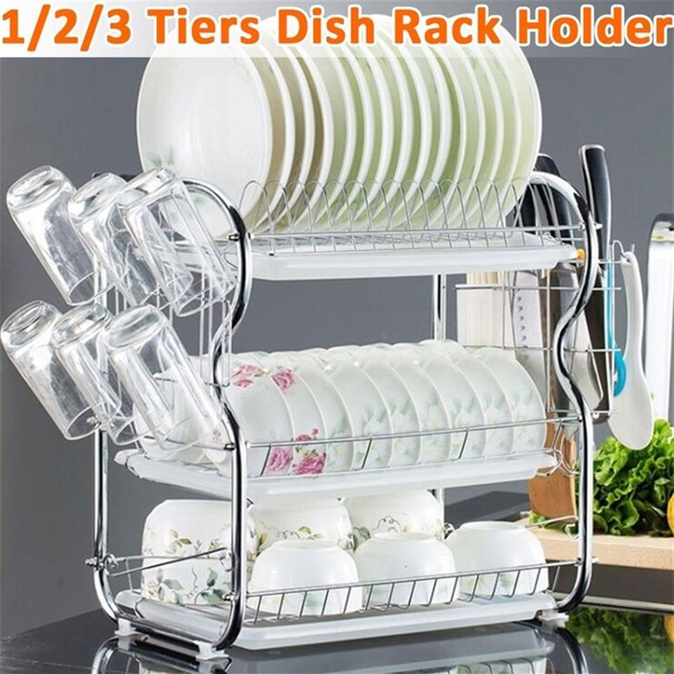 2-3 Tiers Dish Drying Rack Kitchen Washing Holder Basket Plated Iron Kitchen LNIFE Sink Dish Drainer Drying Rack Organizer Shelf T270H