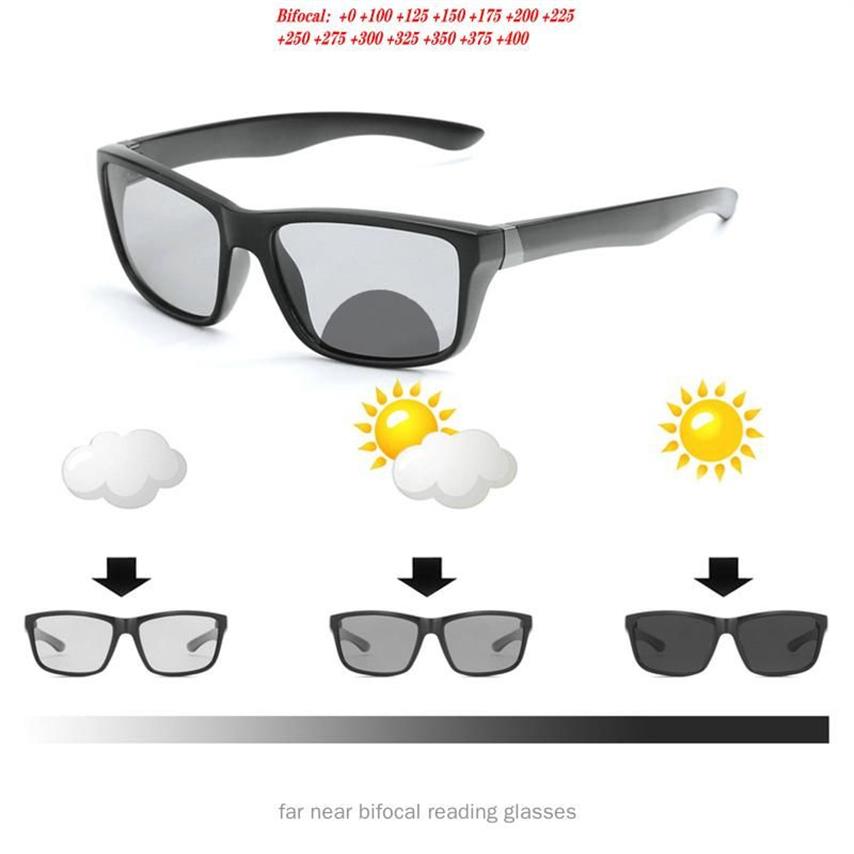 Solglasögon Män kör Pochromic Bifocal Reading Glasses Sports Goggles Women Square Transition Recept Sun Reader NX327Z