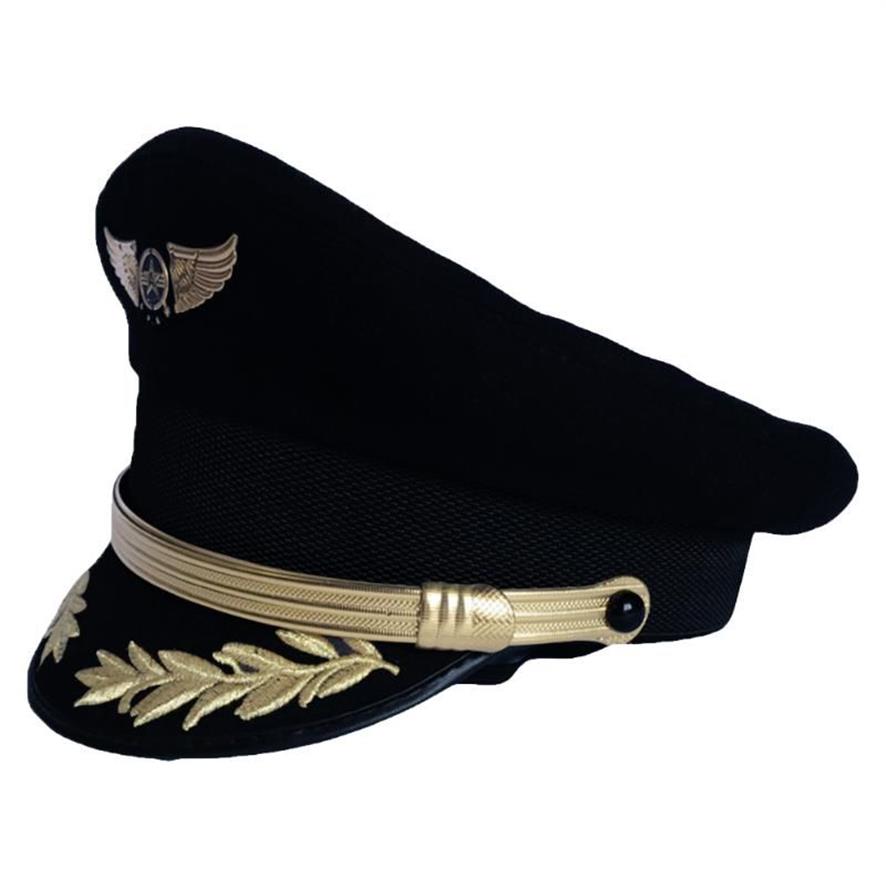 Captain de captaine Pilot haut de gamme personnalisé Captain Hat Uniforme Halloween Party Adult Hommes Chapeaux Militaires Black for Women Wide Brim192F