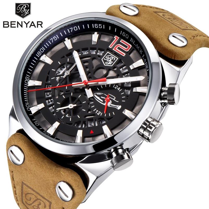 Benyar Chronograph Sport Mens Watches Fashion Brand Military Waterproof Leather Strap Quartz Watch Clock LeLogio Masculino234W