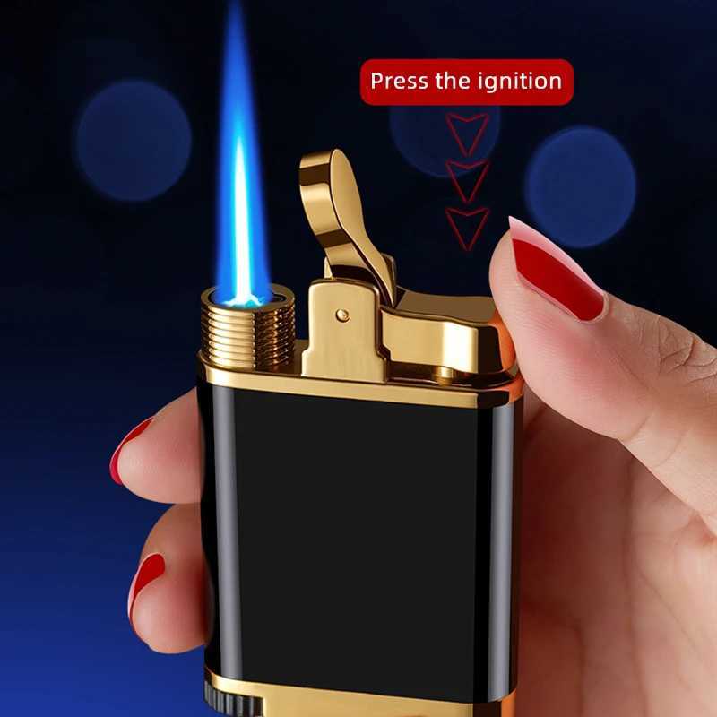 Inflatable Butane Cigarette Lighter One-button Press To Ignite Metal Blue Flame Windproof No Gas Lighters For Cigar Smoke Gift