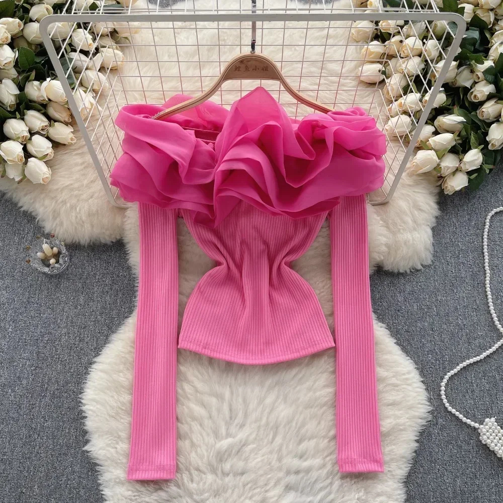 Kvinnors blusar Skjortor Knittande blus för kvinnor Fashion Slash Neck Långärmning Flouned Edge Skinny Shirts Autumn Elegant Female Tops Dropshipping 2024