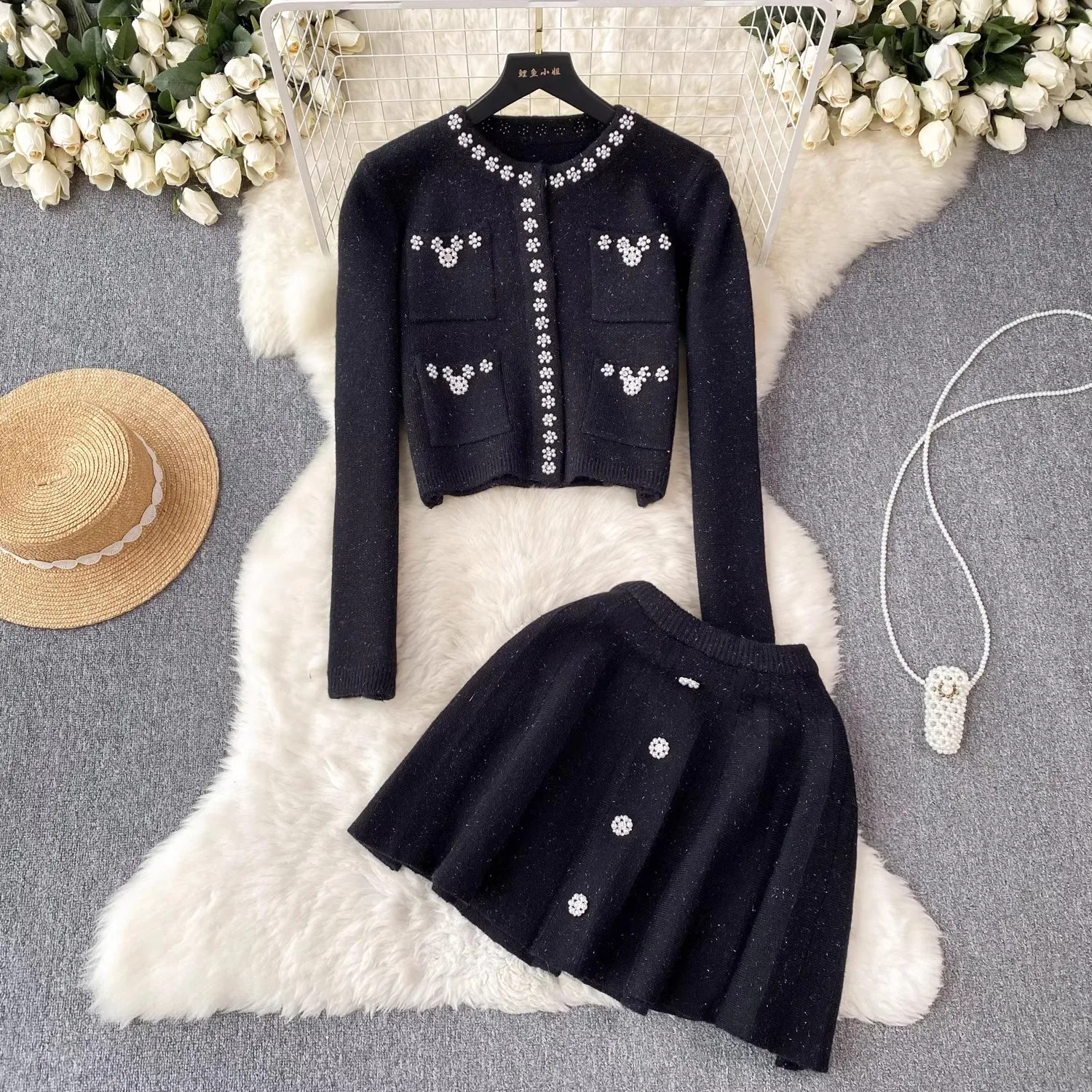 Two Piece Dress Small Fragrance Beading Knitted Two Pieces Sets Women