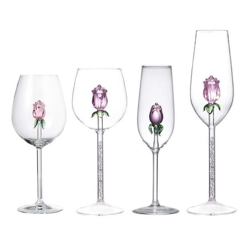 Verres à vin rose tasses avec rose à l'intérieur verre à vin idéal pour les cadeaux de la semaine pour la fête d'anniversaire de mariage célébration de Noël 35ED X070193R