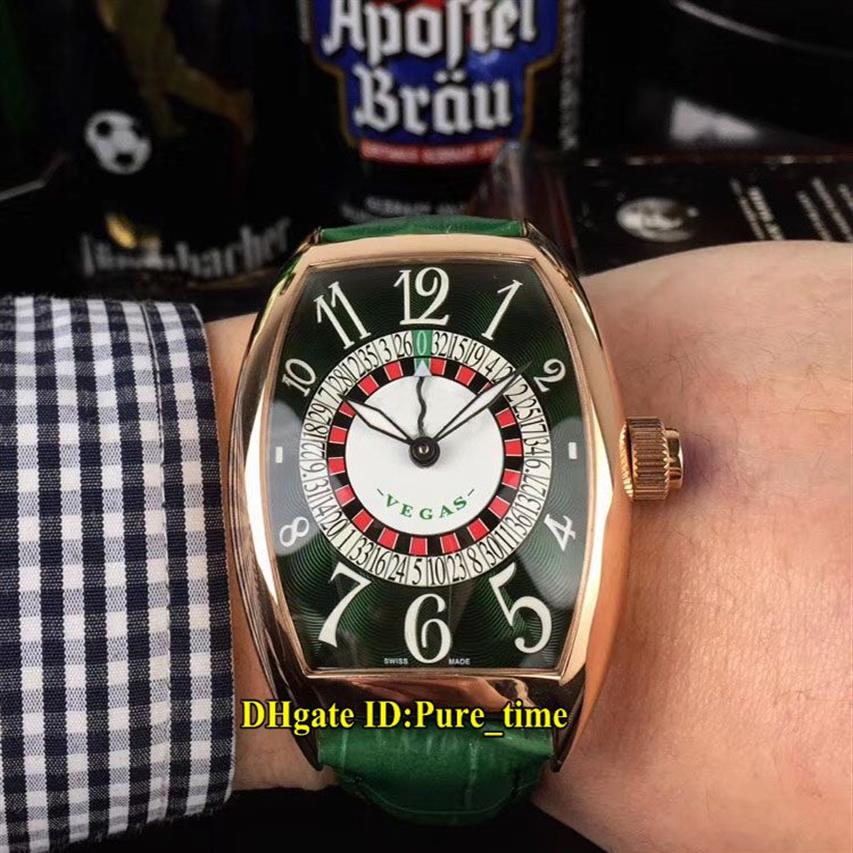 Barato Nuevo 8880 Vegas Casino Plato giratorio ruso Esfera blanca verde Reloj automático para hombre Caja de oro rosa Correa de cuero verde Reloj para caballero 252k