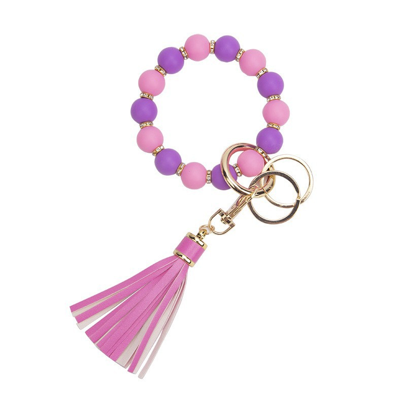 Bracelet de perles en Silicone, porte-clés en PU, pompon, pendentif, P172