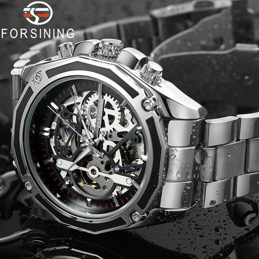 Forsining Men Watch Stainless Steel Military Sport Wristwatch Skeleton Automatic Mechanical Male Clock Relogio Masculino 0609 Y1902283