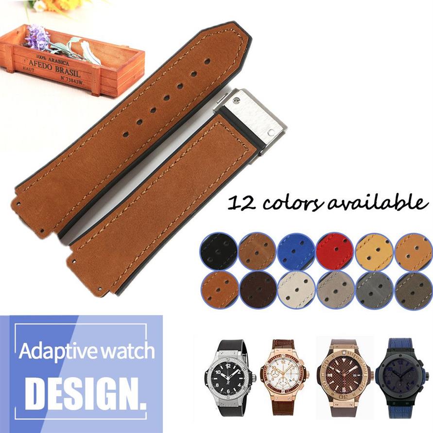 Bracelet de montre en cuir véritable, caoutchouc et Silicone, pour montre HUB, noir, bleu, marron, étanche, boucle de déploiement 25x19mm, 247y
