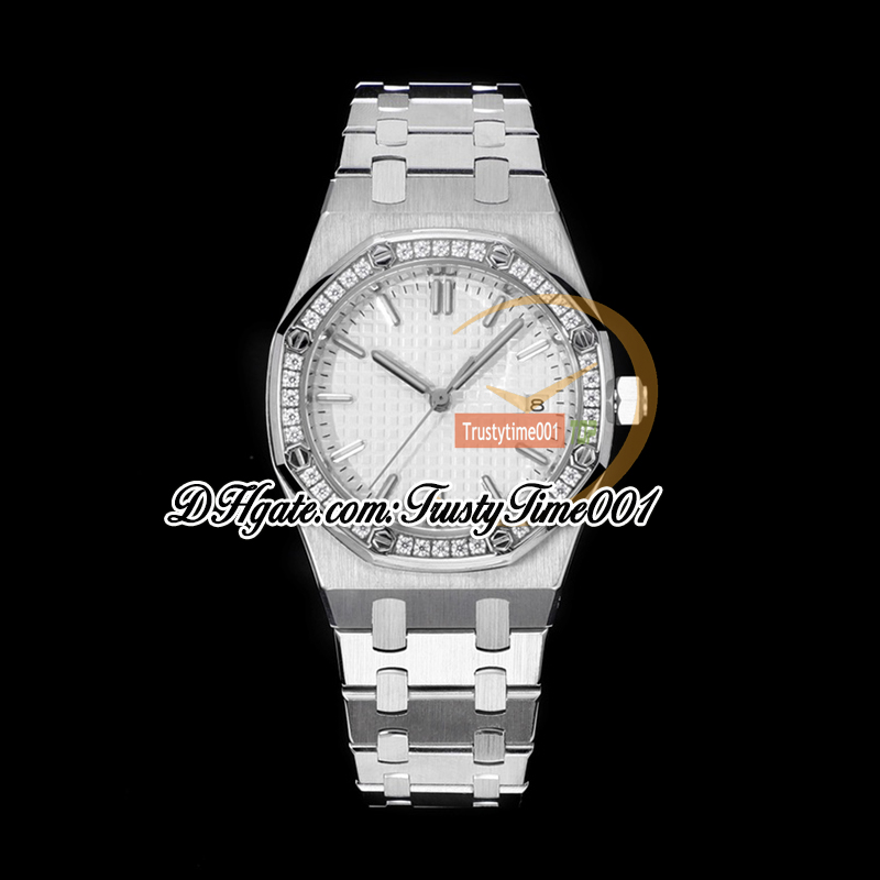 TWF 34mm 77351 A5800 Orologio automatico da donna 50 ° anniversario Diamanti Lunetta Quadrante bianco strutturato Bracciale in acciaio inossidabile Super Edition Orologi da donna trustytime001